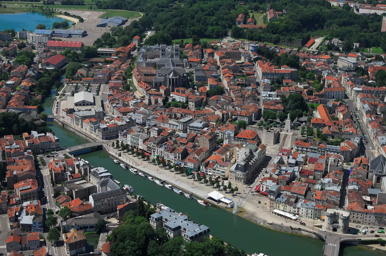 Aerial view of Verdun city center and the Meuse river